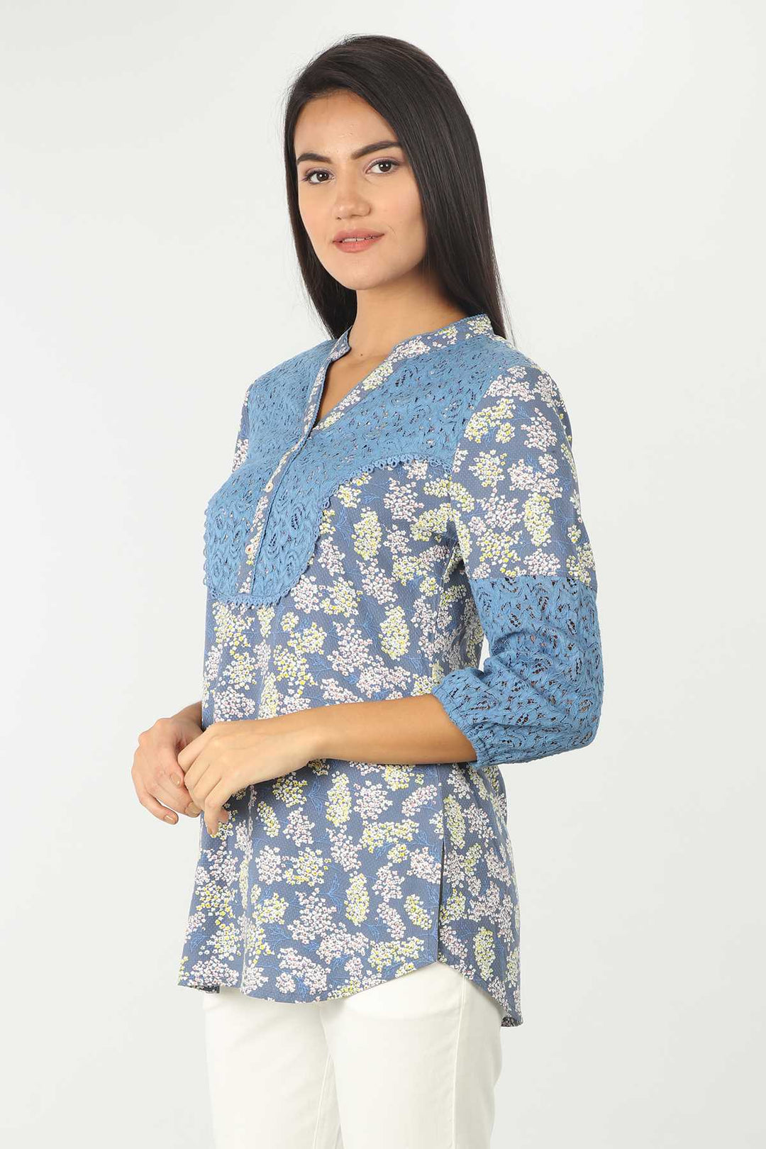 Blue Printed Top With Lace Work
