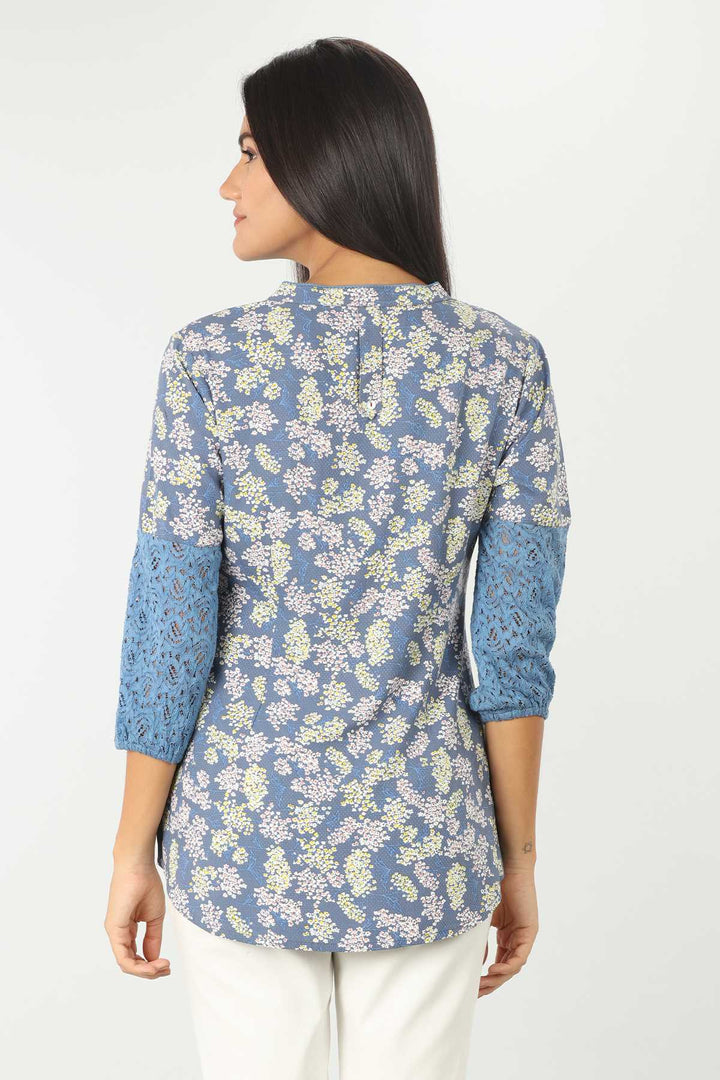 Blue Printed Top With Lace Work