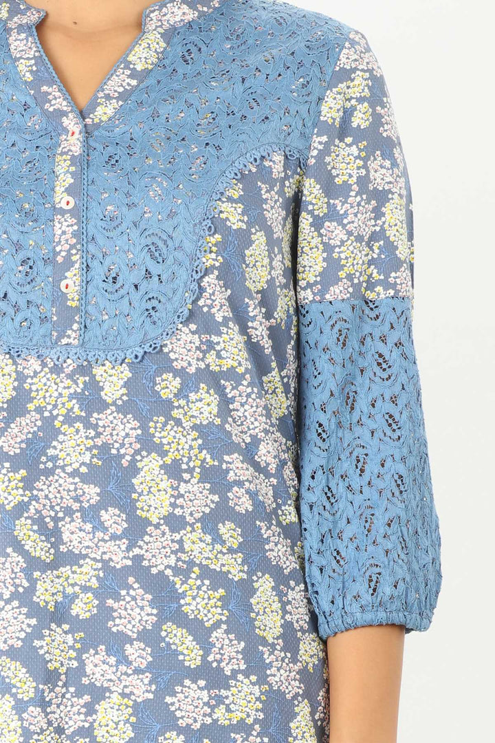 Blue Printed Top With Lace Work