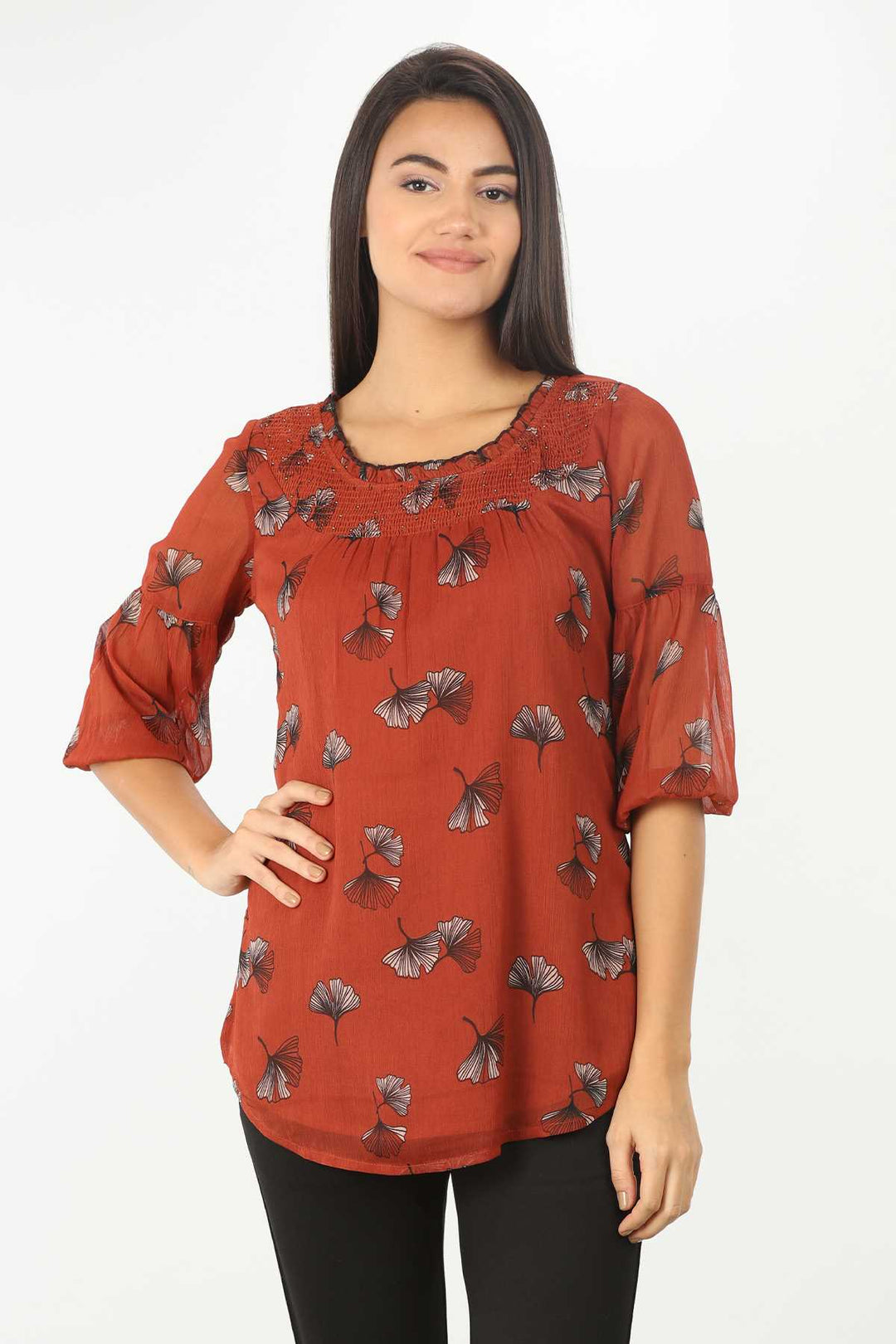Printed Top With Round Neck  (Rust Red)