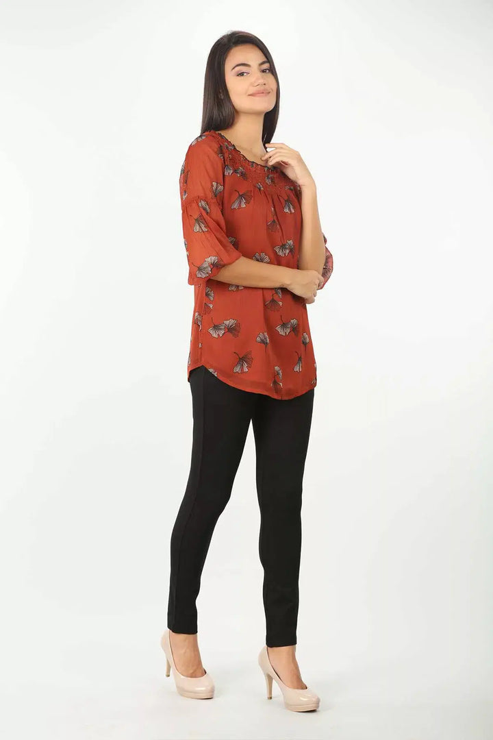 Printed Top With Round Neck  (Rust Red)