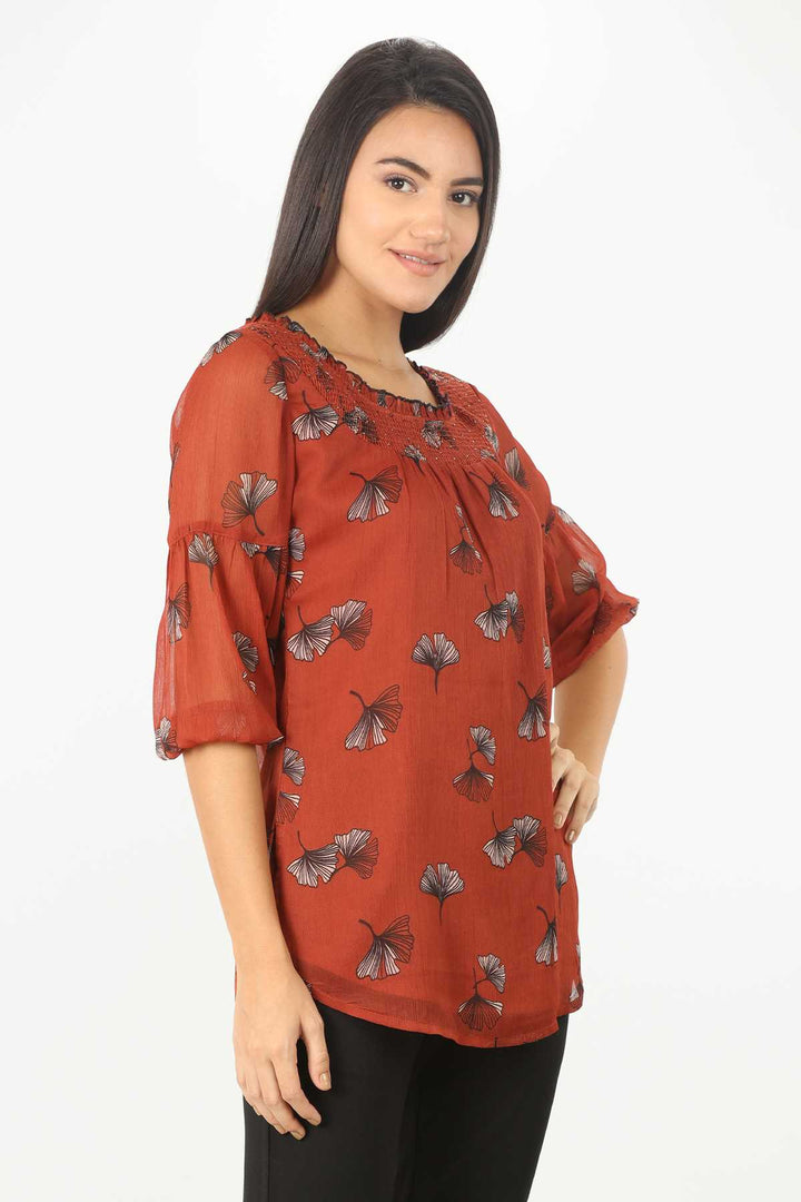 Printed Top With Round Neck  (Rust Red)