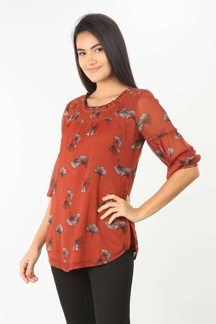 Printed Top With Round Neck  (Rust Red)