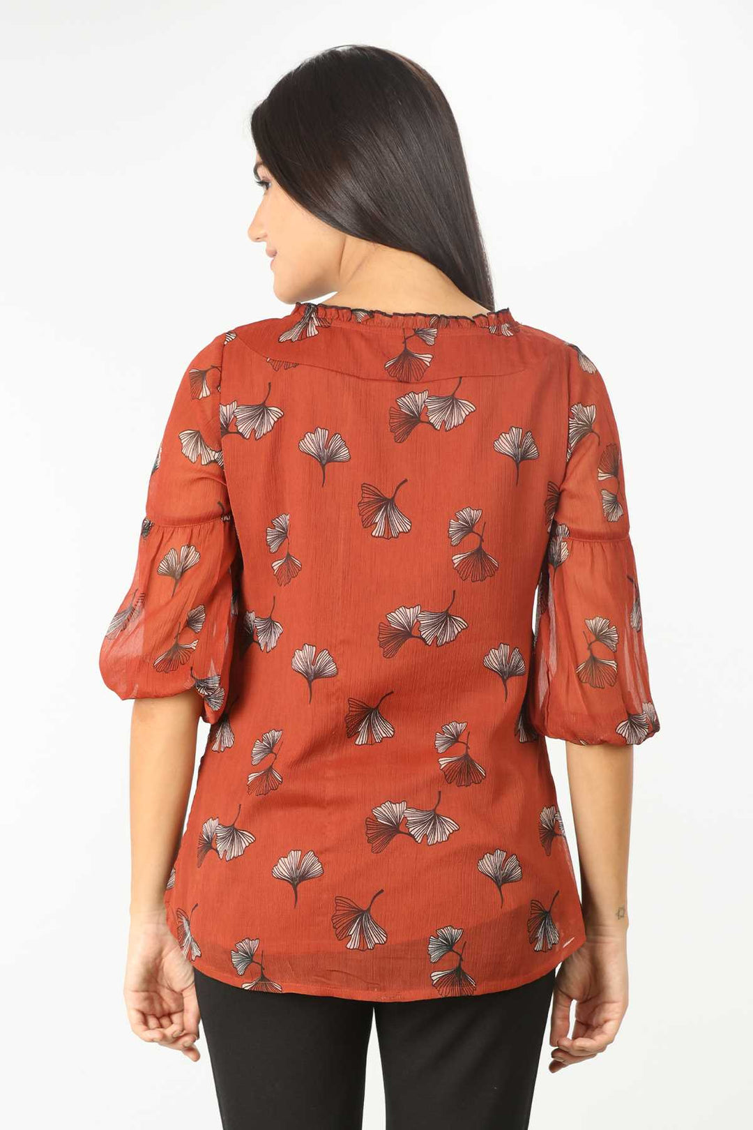 Printed Top With Round Neck  (Rust Red)