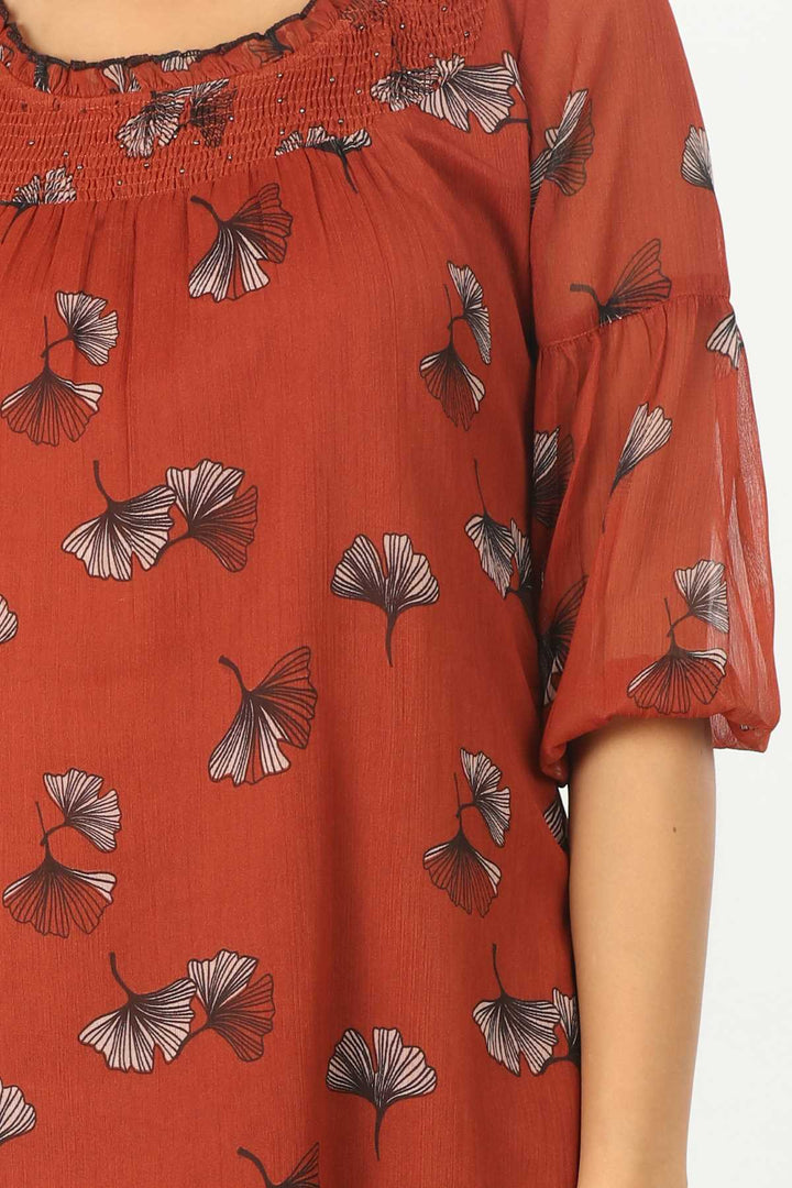 Printed Top With Round Neck  (Rust Red)