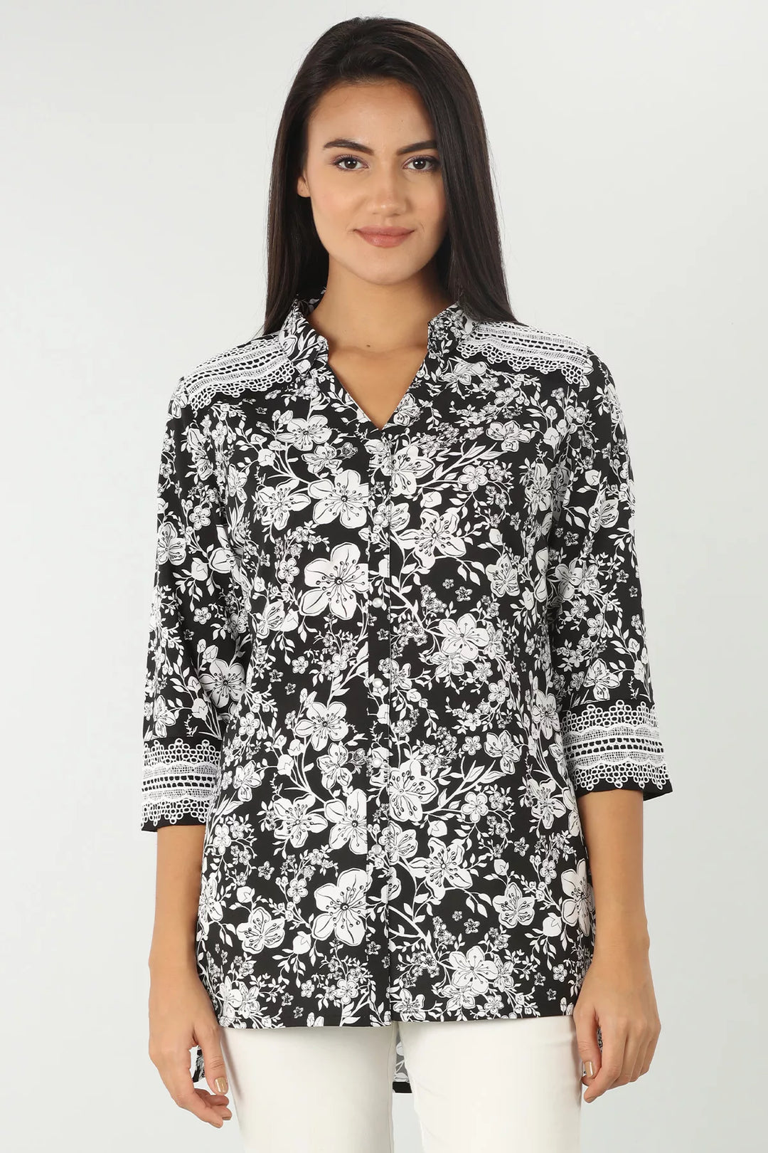 Black Floral Print Shirt with Lace