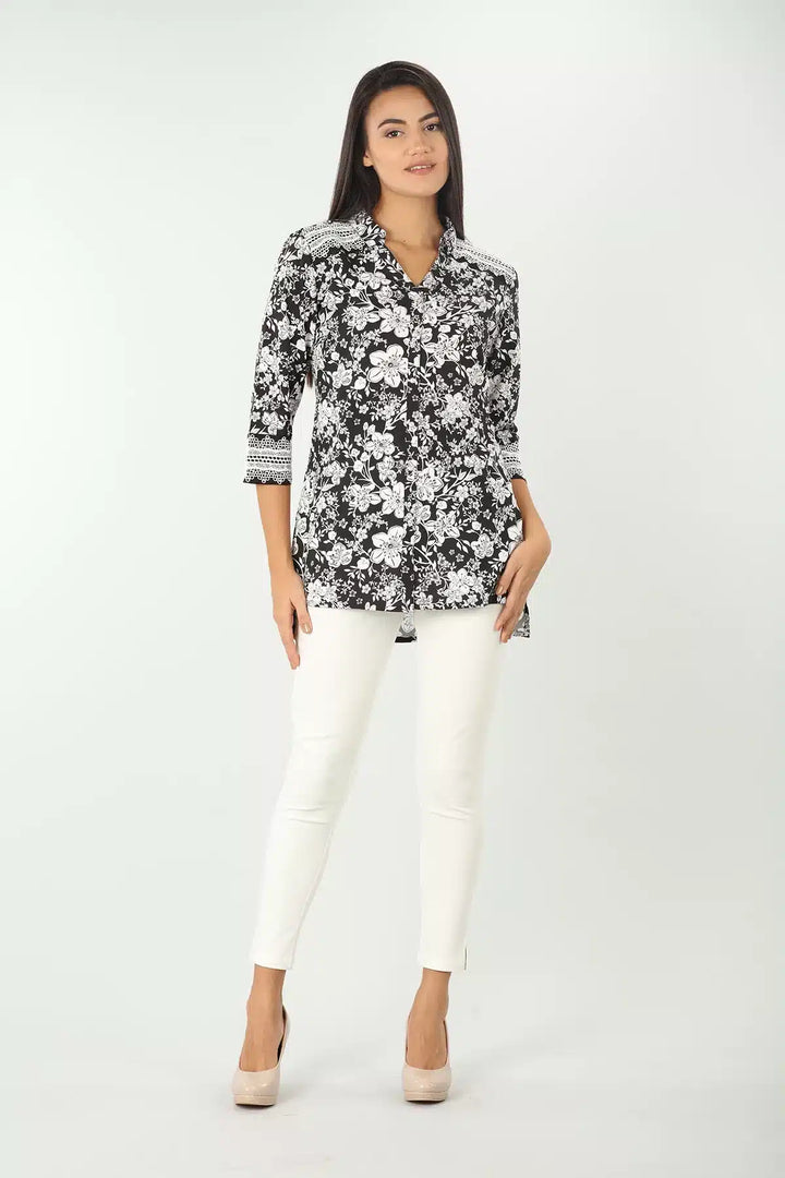 Black Floral Print Shirt with Lace