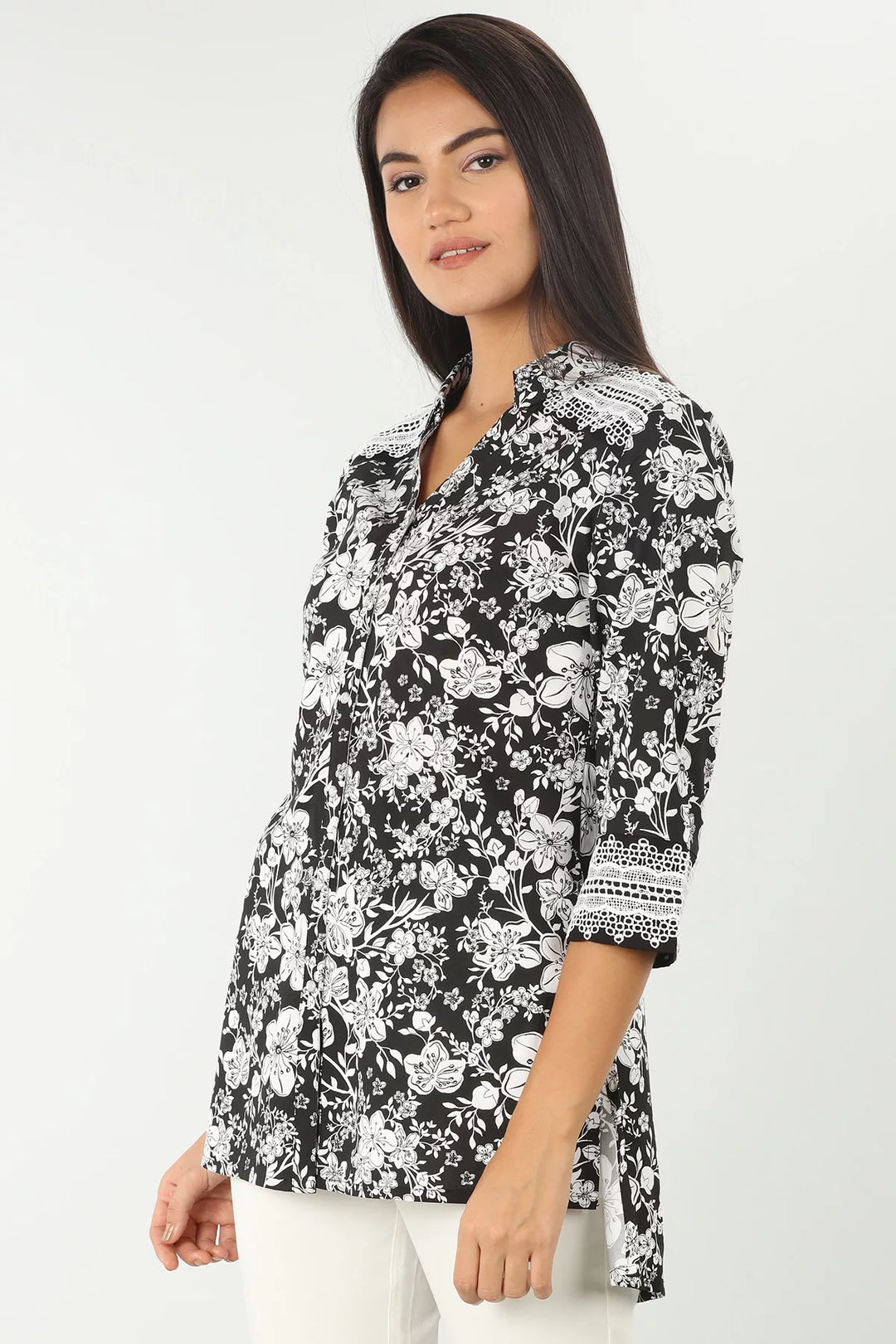 Black Floral Print Shirt with Lace