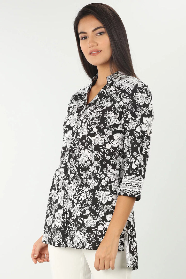 Black Floral Print Shirt with Lace