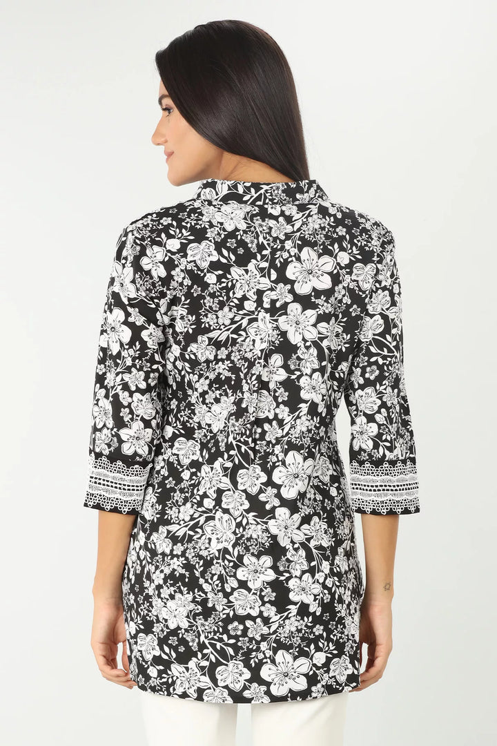Black Floral Print Shirt with Lace