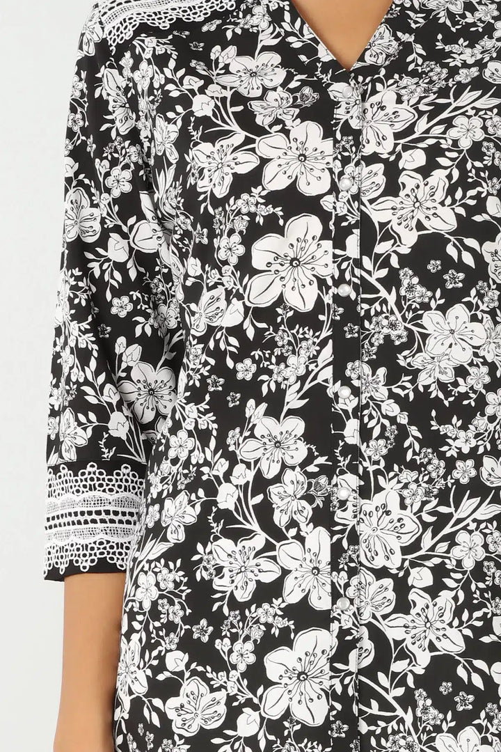 Black Floral Print Shirt with Lace