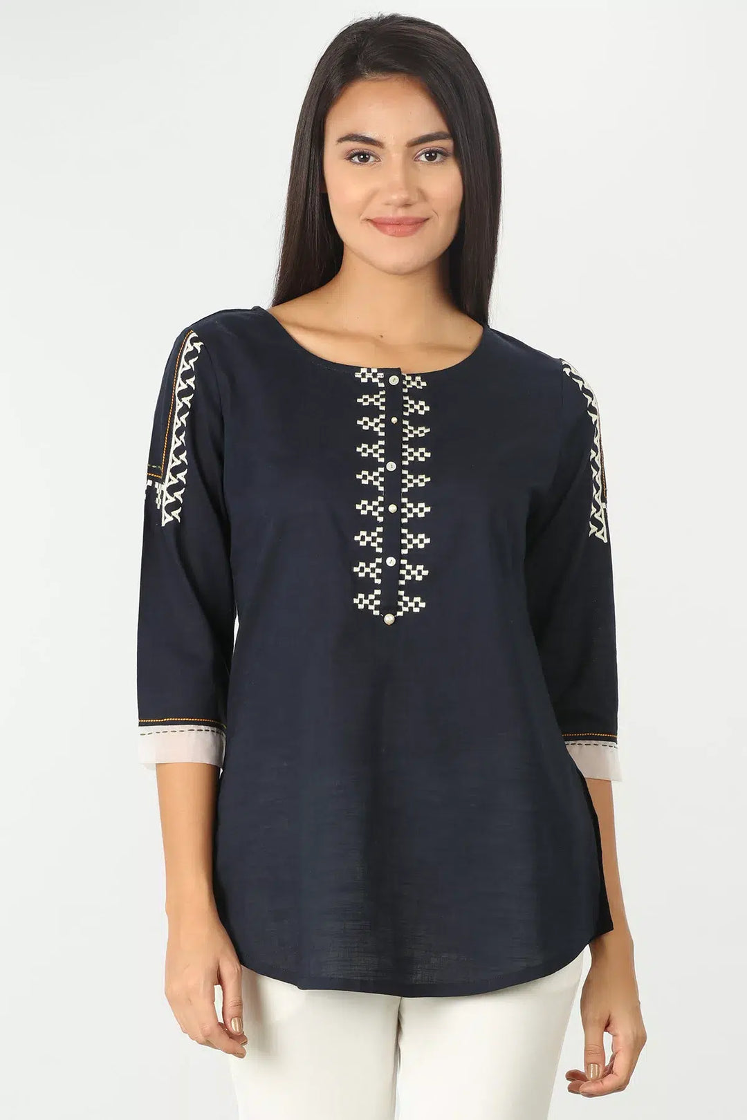 Charcoal Grey Embroidered round neck Top