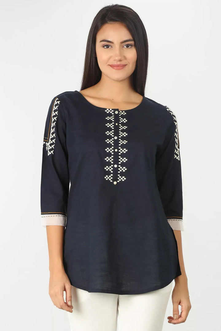 Charcoal Grey Embroidered round neck Top