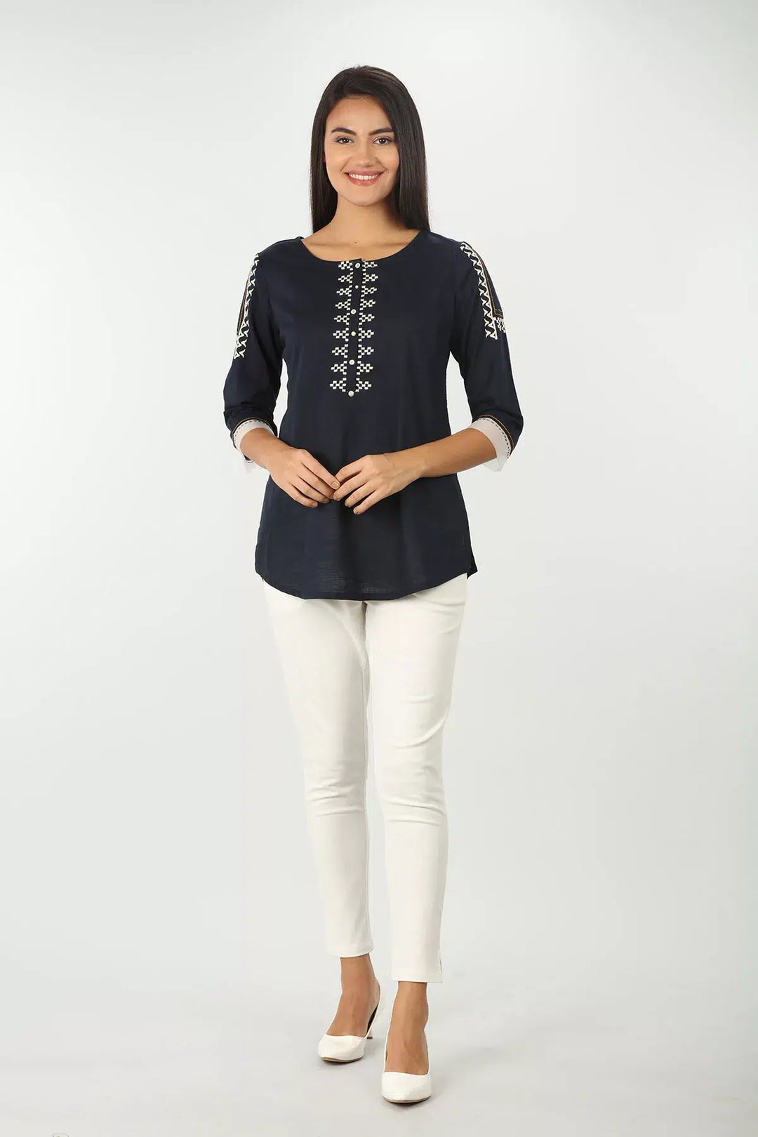 Charcoal Grey Embroidered round neck Top