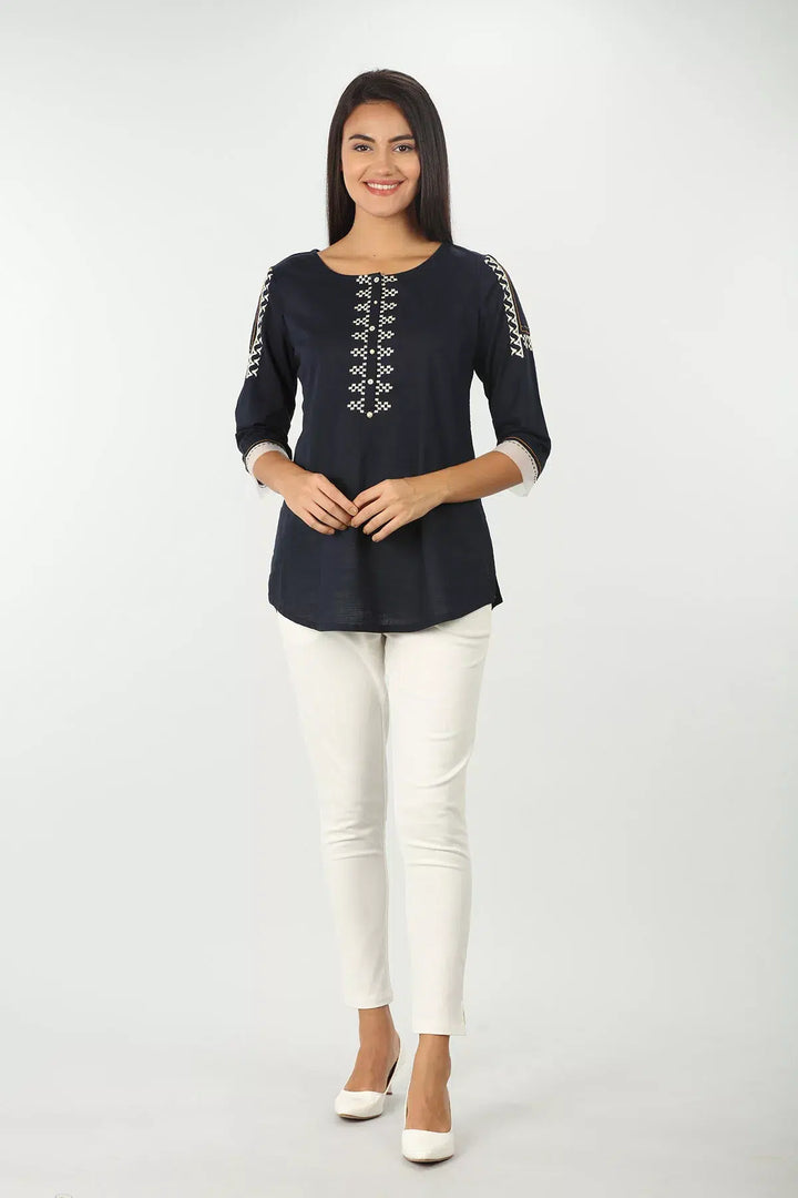 Charcoal Grey Embroidered round neck Top