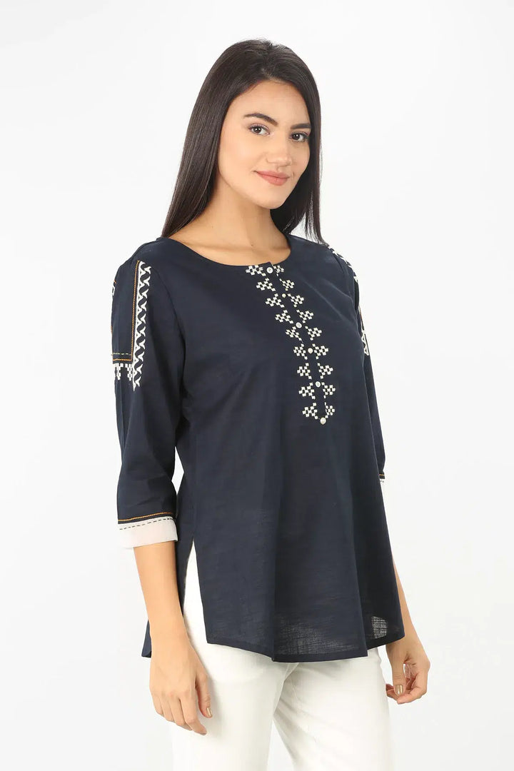 Charcoal Grey Embroidered round neck Top