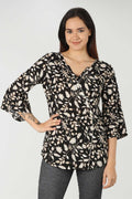 Black V Neck Printed Top  (Floral Print)