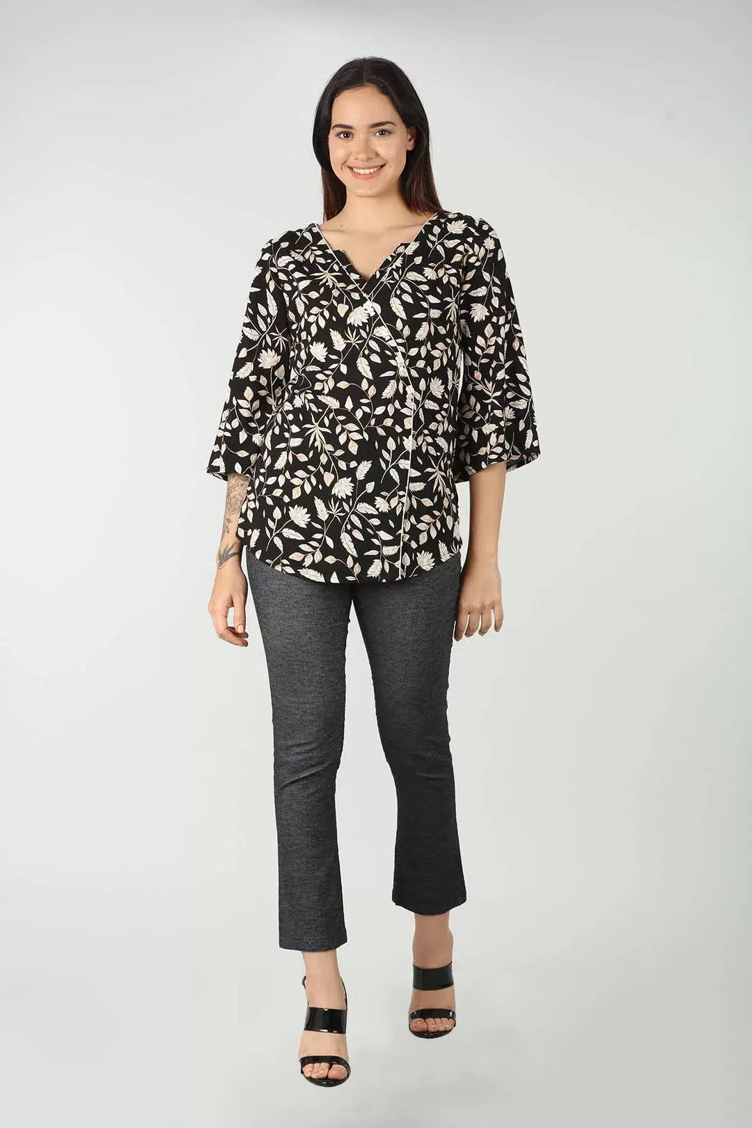 Black V Neck Printed Top  (Floral Print)