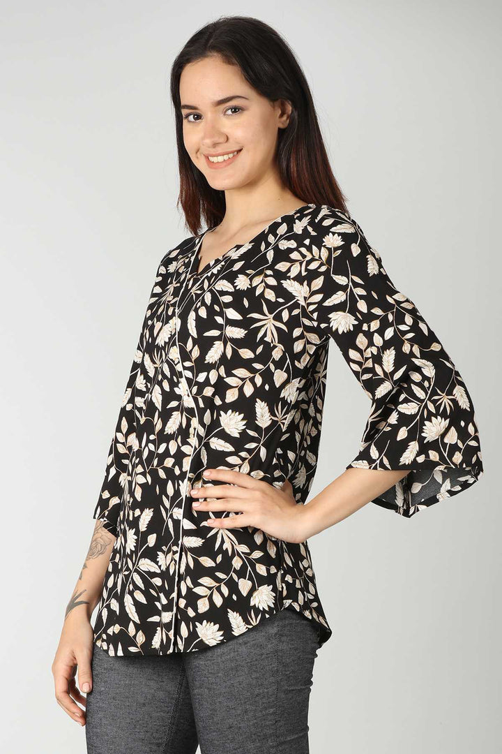 Black V Neck Printed Top  (Floral Print)