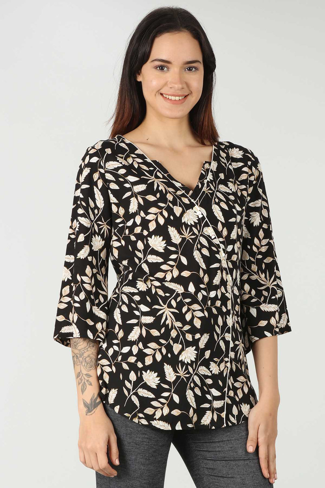 Black V Neck Printed Top  (Floral Print)