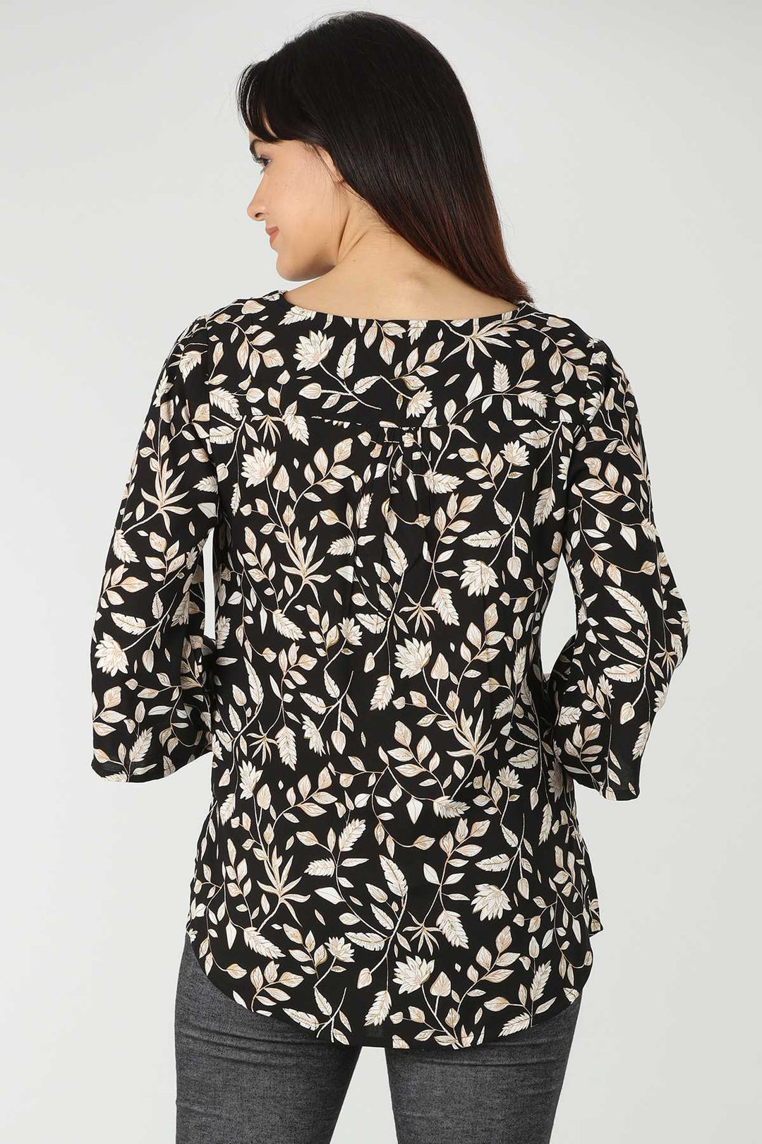 Black V Neck Printed Top  (Floral Print)