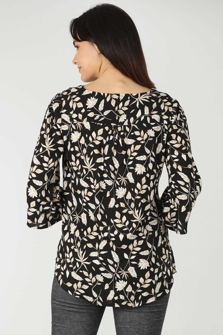 Black V Neck Printed Top  (Floral Print)