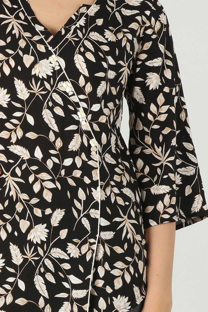 Black V Neck Printed Top  (Floral Print)
