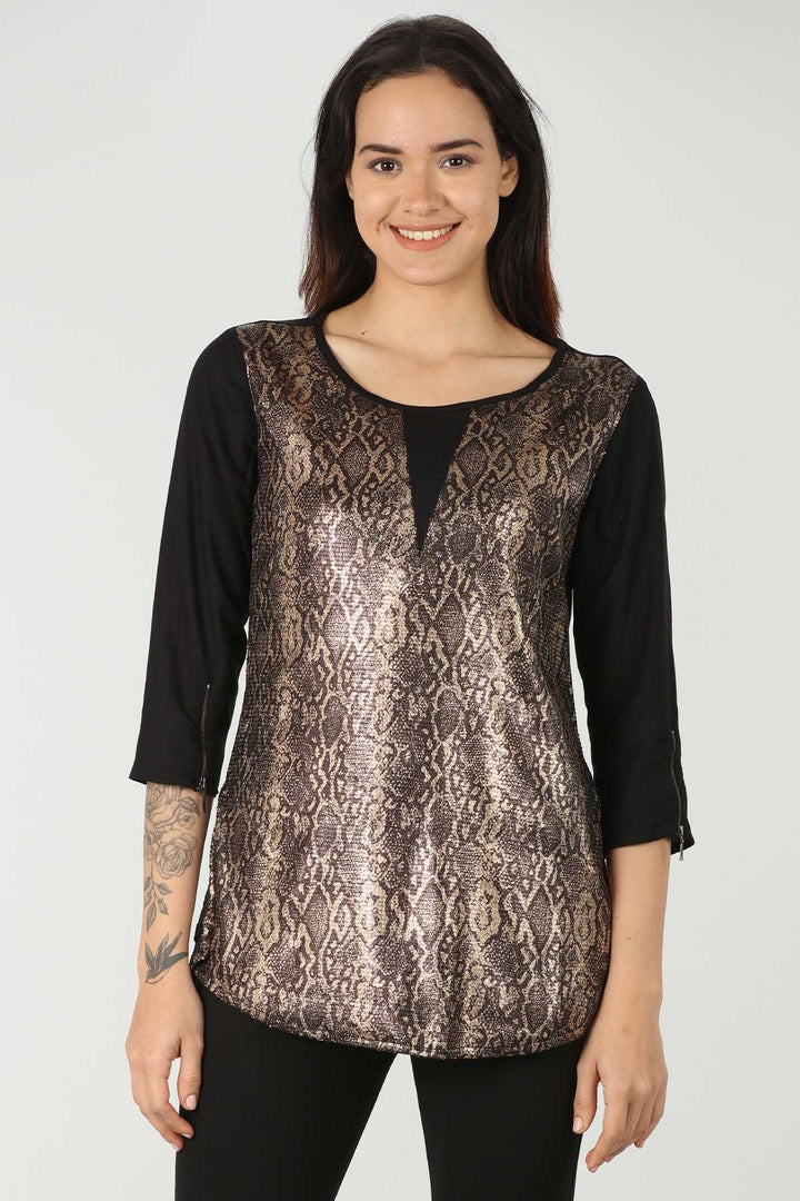 Sequinned Black Snake Printed Top