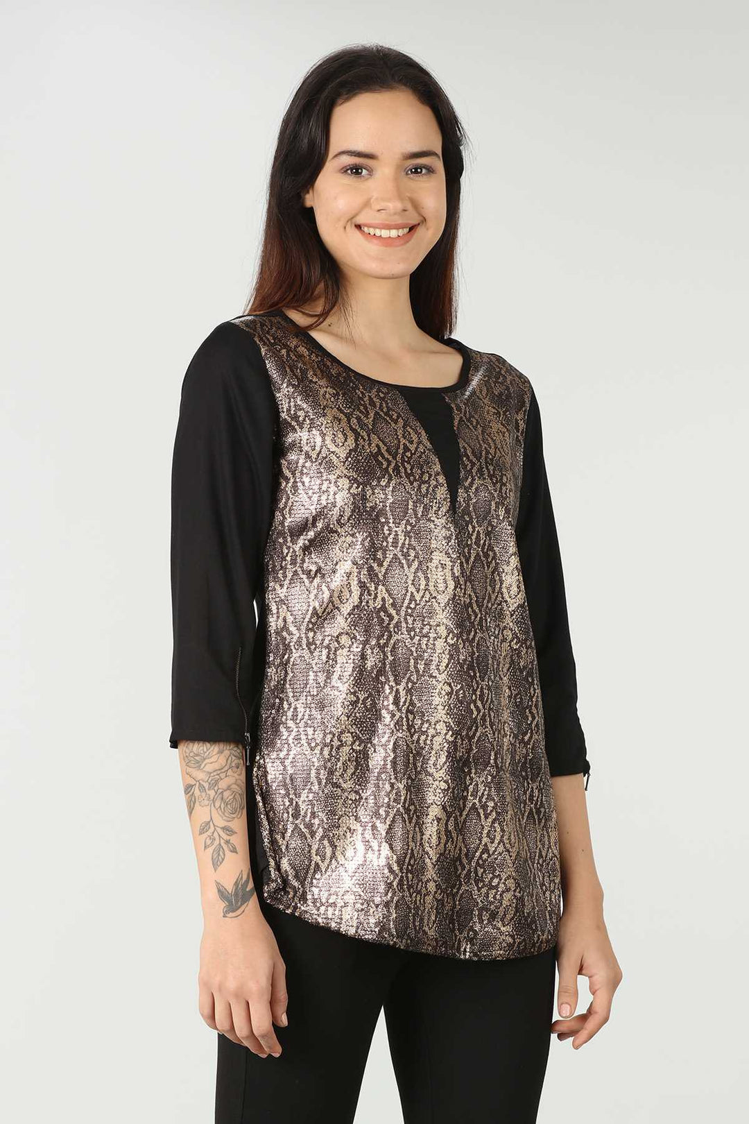 Sequinned Black Snake Printed Top