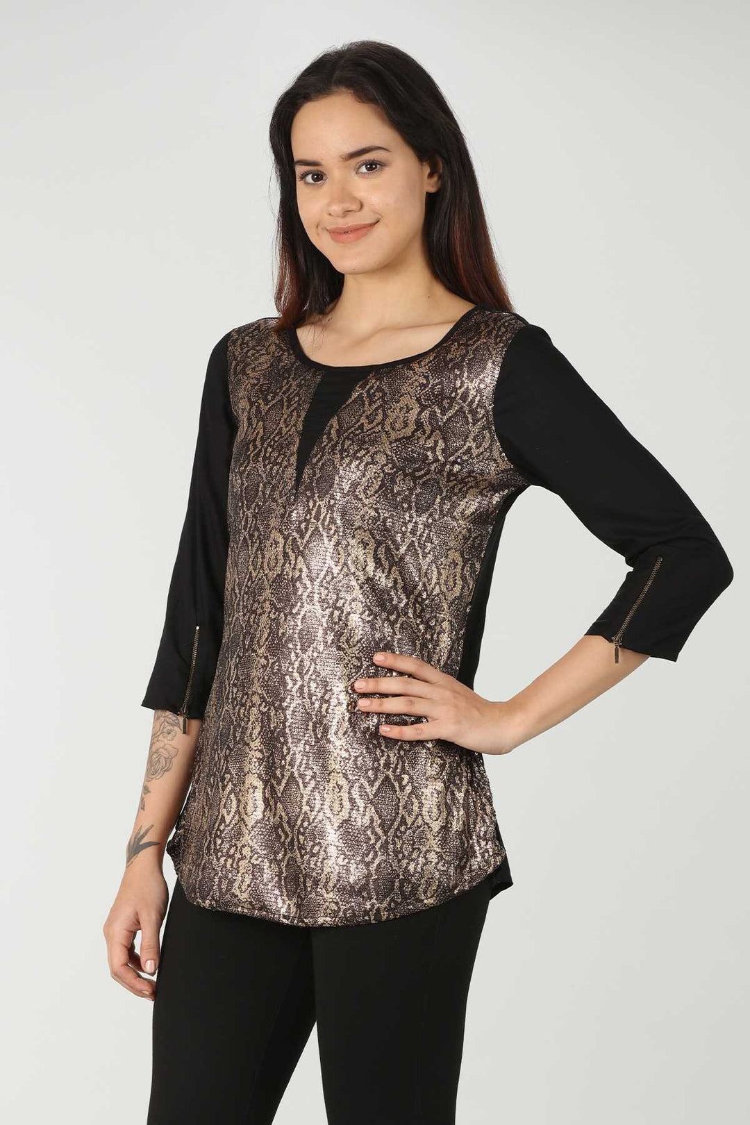 Sequinned Black Snake Printed Top