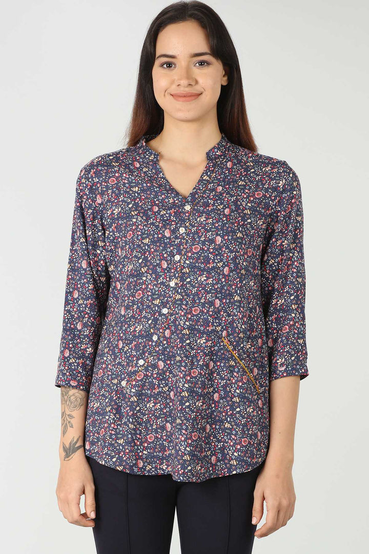 Rayon Blue Printed Top (V Neck )