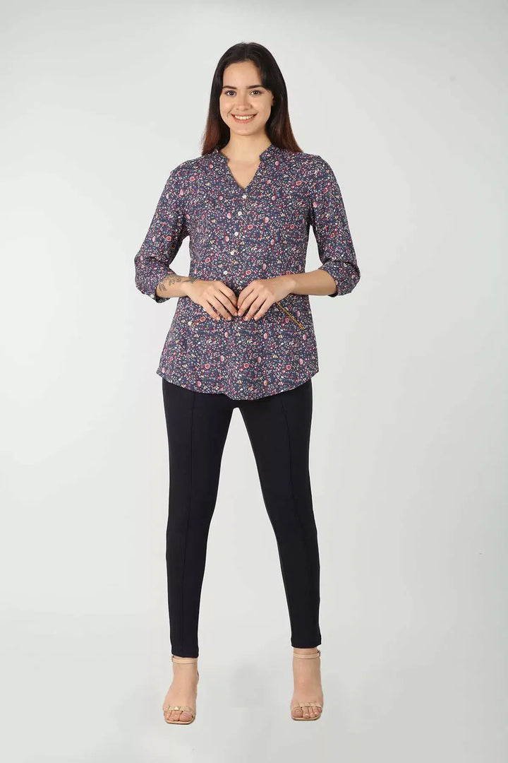 Rayon Blue Printed Top (V Neck )