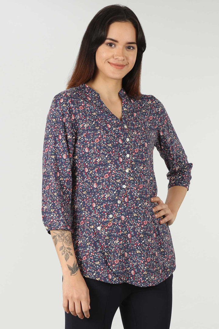 Rayon Blue Printed Top (V Neck )