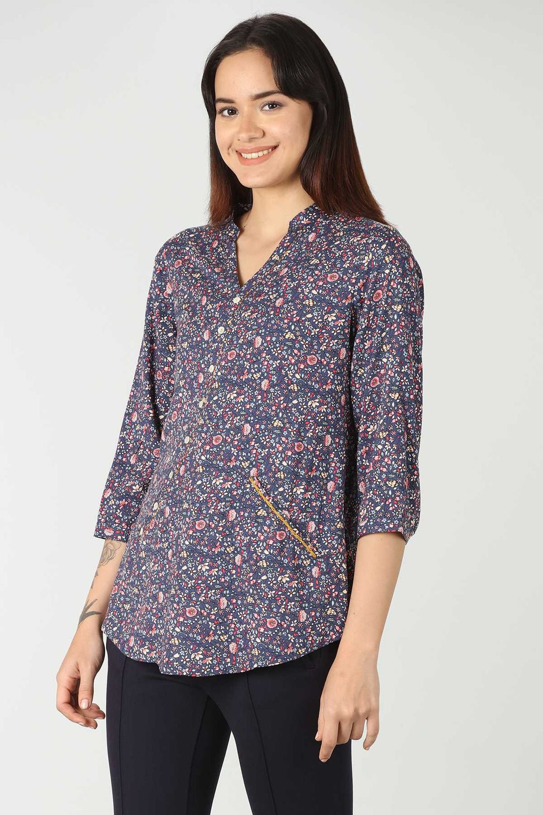 Rayon Blue Printed Top (V Neck )