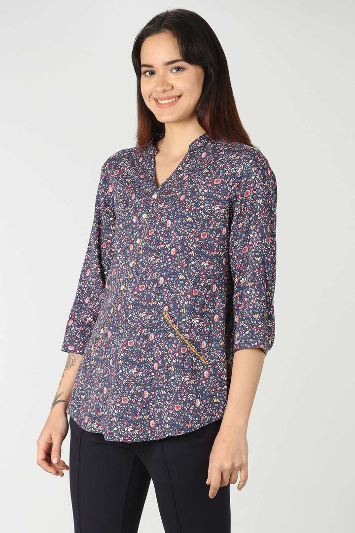 Rayon Blue Printed Top (V Neck )