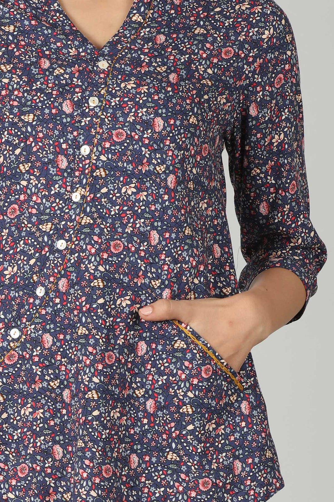 Rayon Blue Printed Top (V Neck )