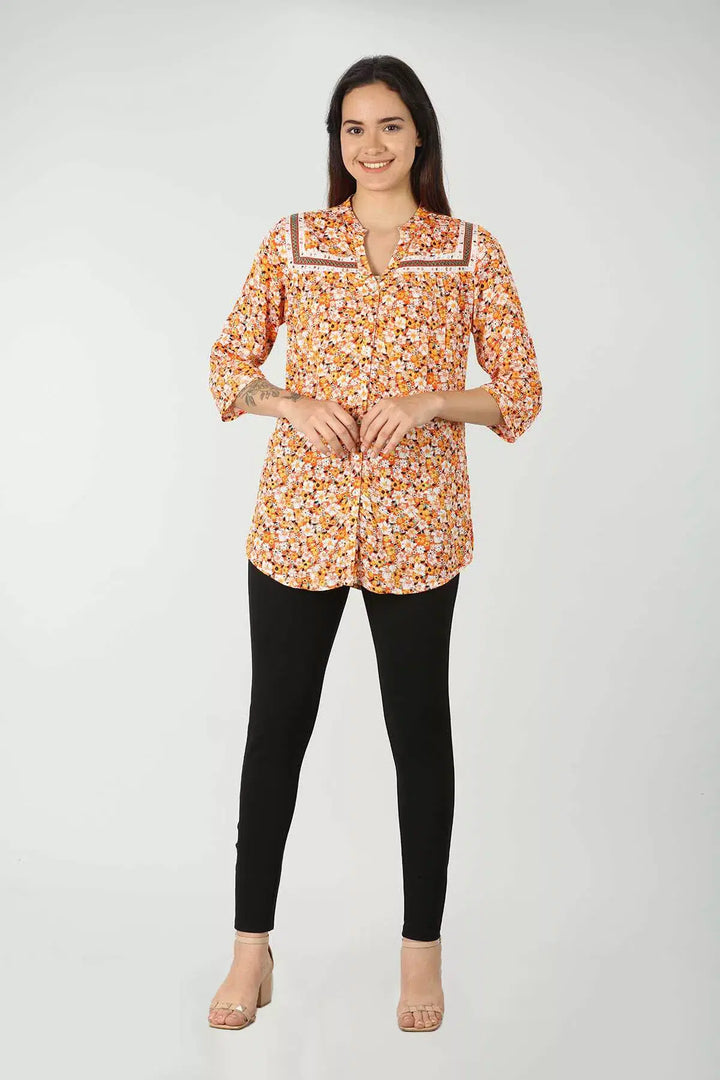 Rayon Orange Printed Top (Lace Work)