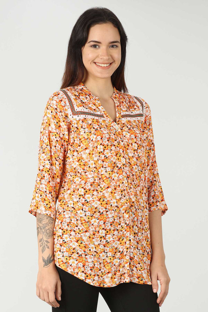 Rayon Orange Printed Top (Lace Work)