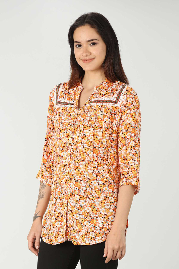 Rayon Orange Printed Top (Lace Work)