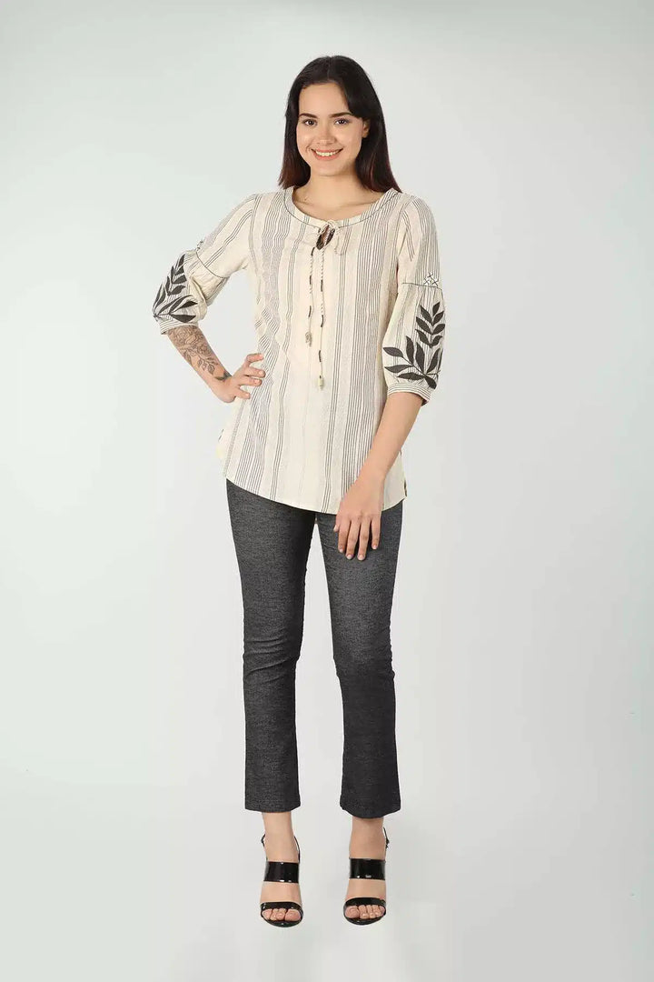 Cream Cotton Striped Top