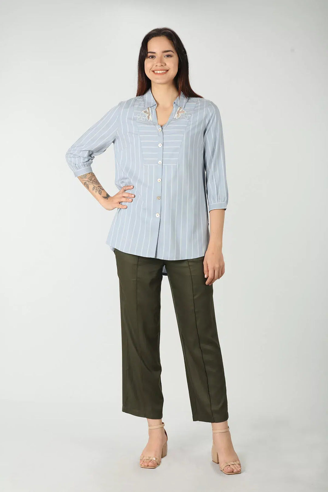 Blue rayon stripe collared shirt