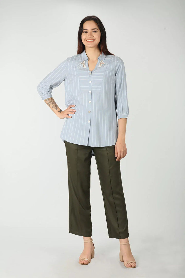 Blue rayon stripe collared shirt