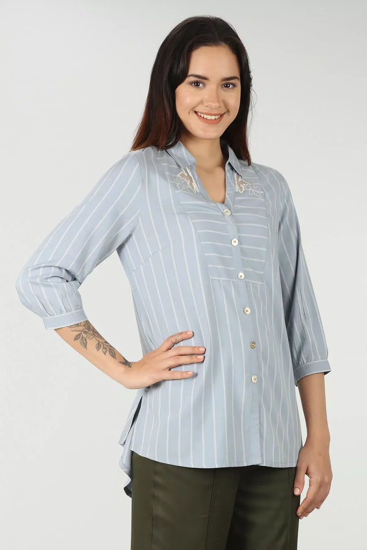 Blue rayon stripe collared shirt