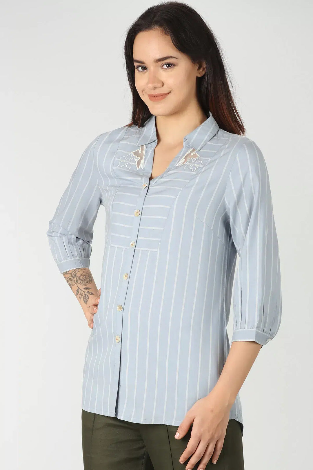 Blue rayon stripe collared shirt