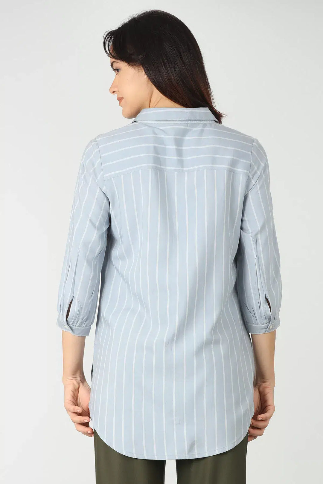 Blue rayon stripe collared shirt