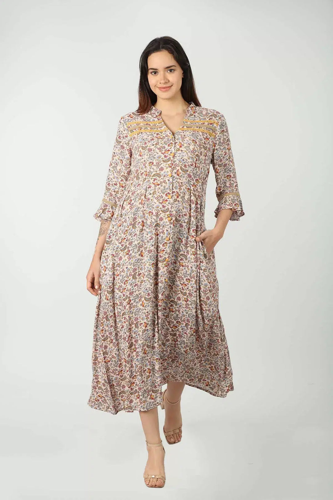 Beige Printed Maxi Dress