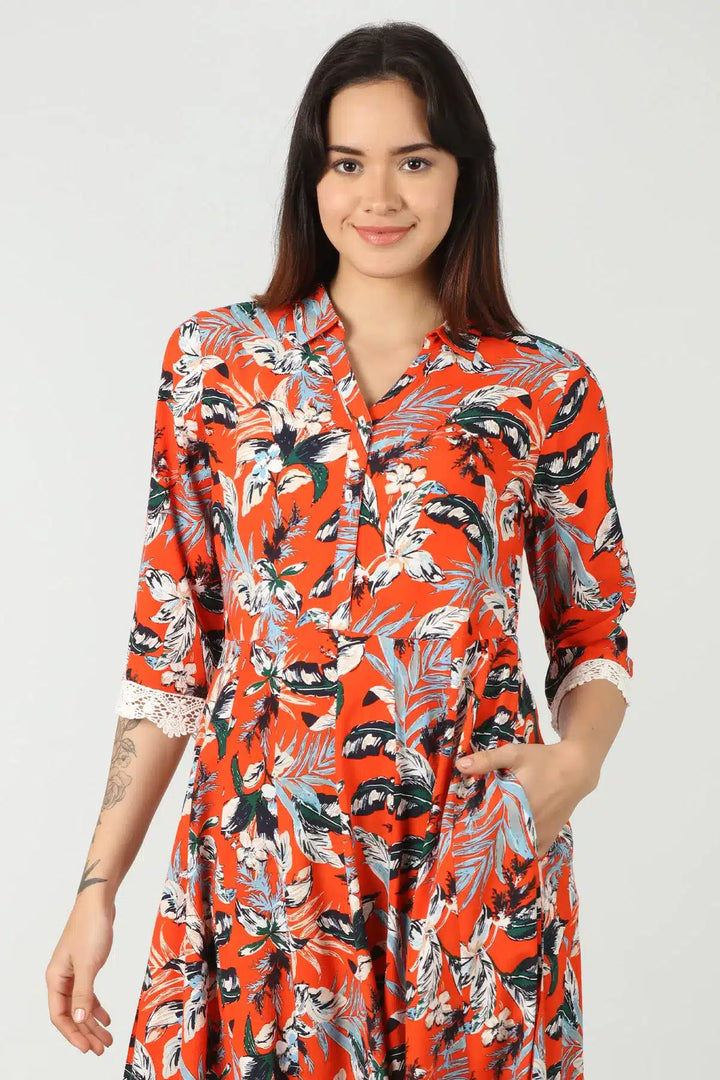 Orange Printed Collared Dress