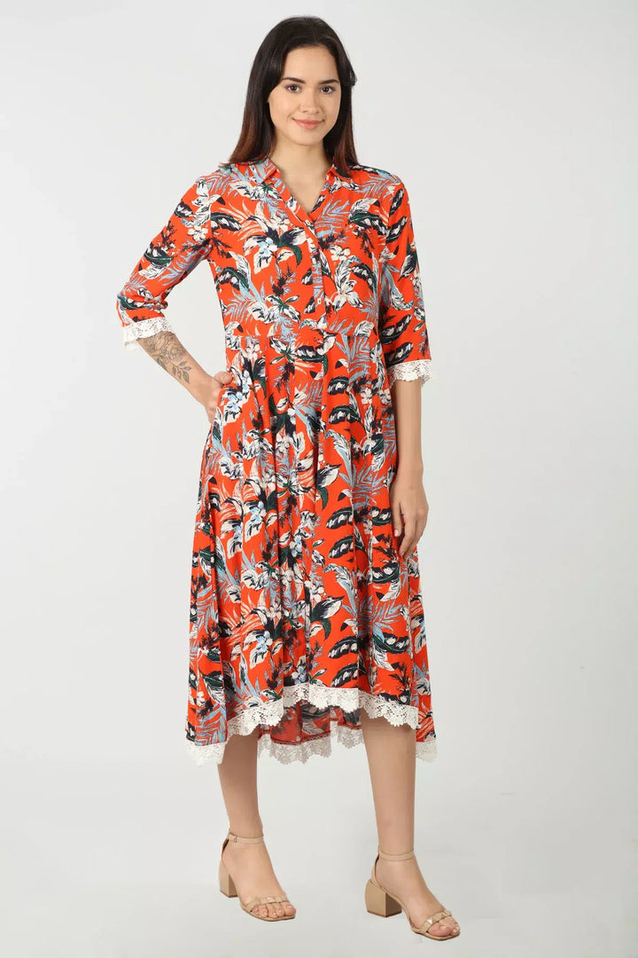 Orange Printed Collared Dress