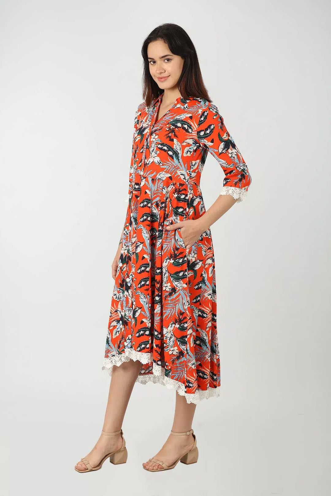 Orange Printed Collared Dress