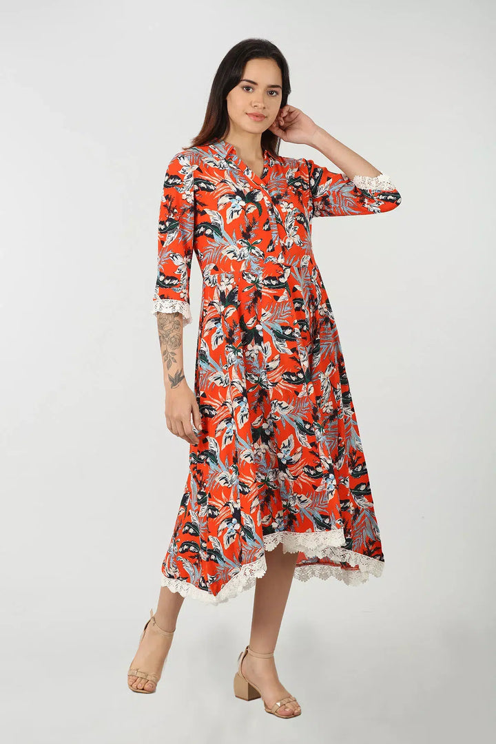 Orange Printed Collared Dress